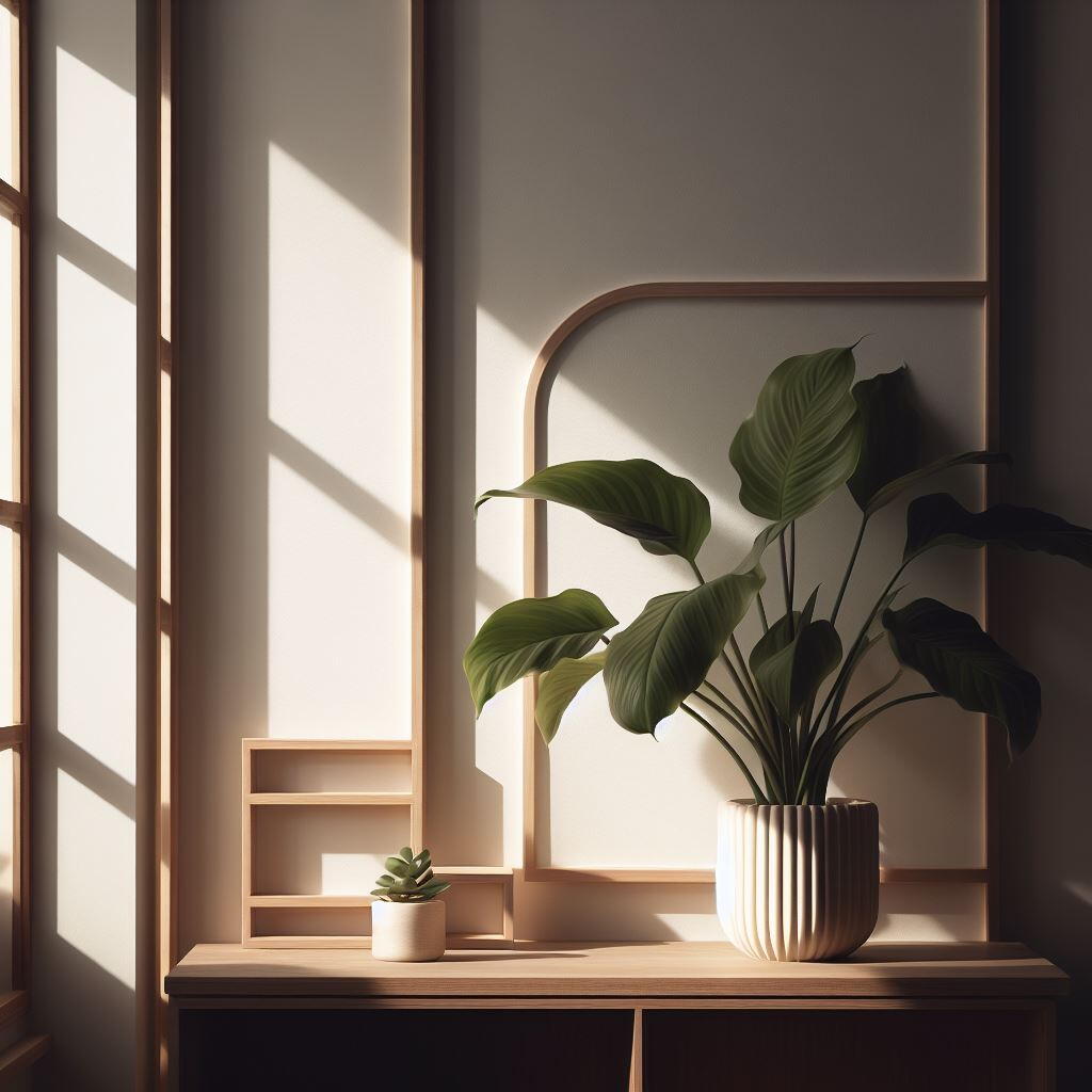 Planta calathea em vaso de cor clara, em cima de uma bancada de madeira