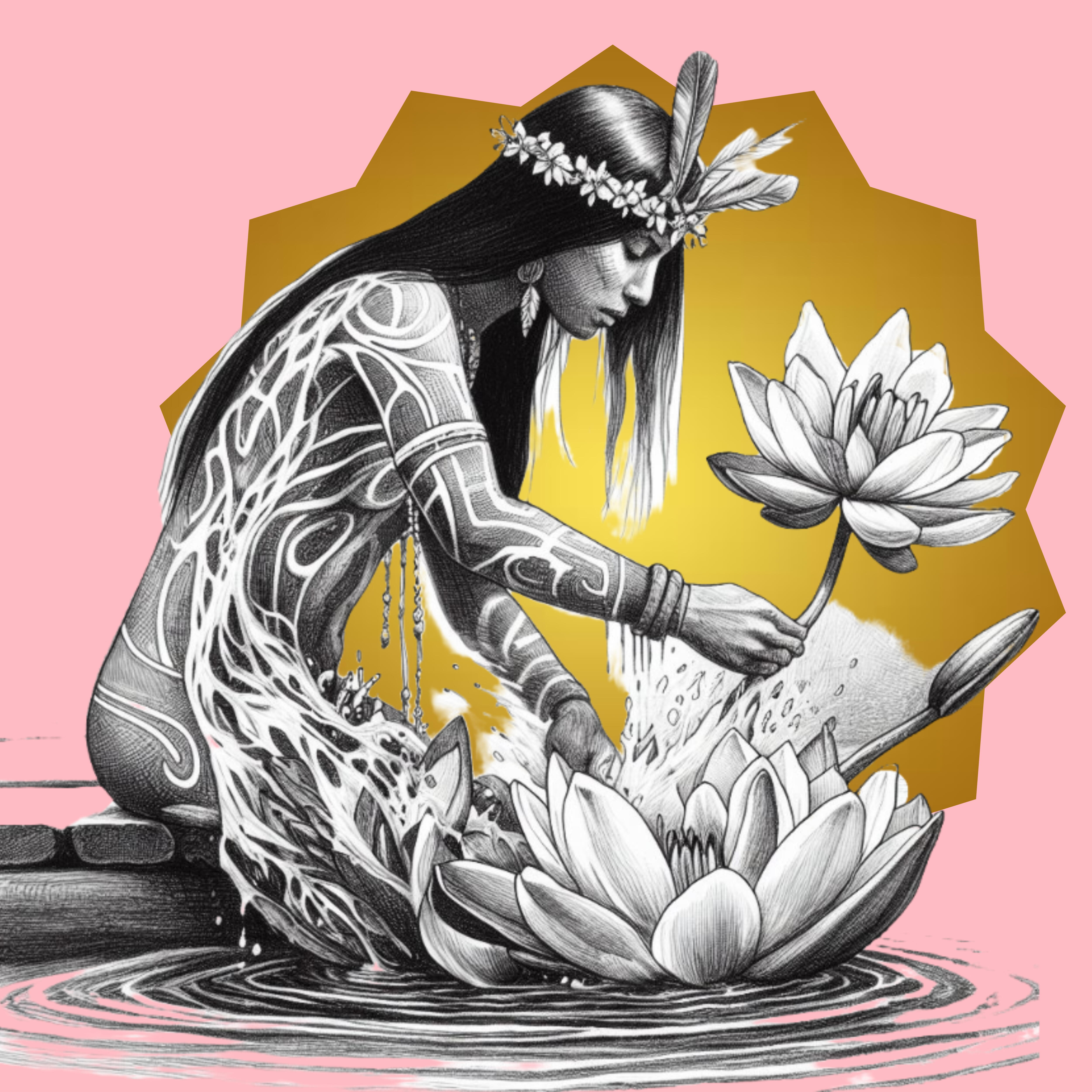 Desenho preto e branco de indígena, sobre fundo rosa e dourado