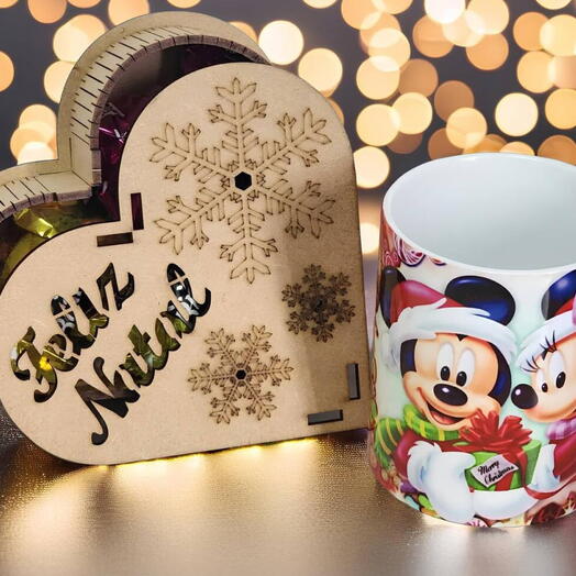 Kit Caneca Personalizada de Natal e Coração "Feliz Natal" em Mdf com Bombons