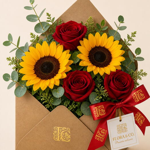 Arranjo no Envelope Kraft com Rosas e Girassol