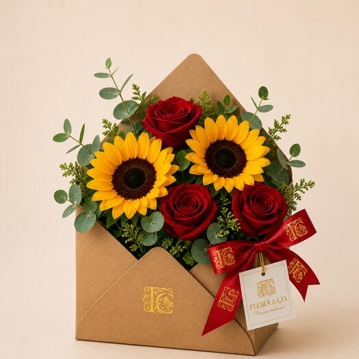 Arranjo no Envelope Kraft com Rosas e Girassol