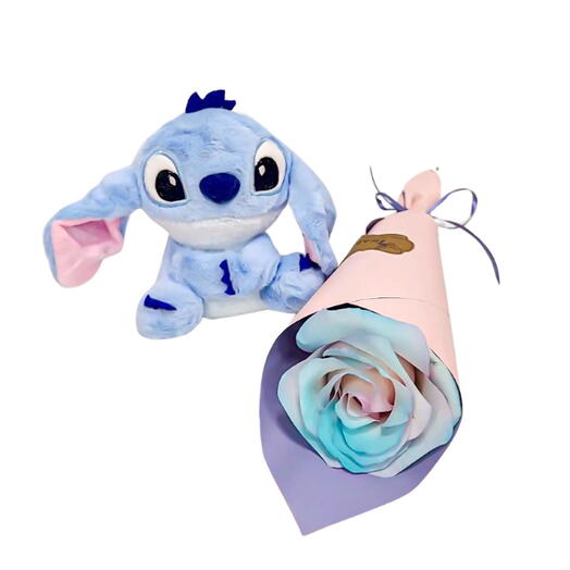 Pelucia Stitch + Buquê com Rosa Frozen