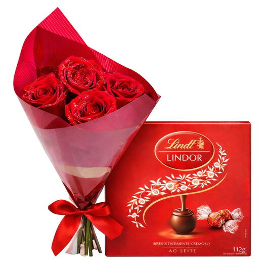 Buquê de 4 Rosas Vermelhas Importadas + Chocolate Suiço Lindt Lindor