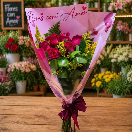 Bouquet flores com amor com 6 rosas vermelhas