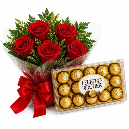 Buquê 6 rosas vermelhas com Chocolate