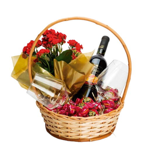CESTA de VINHO, BOMBONS e FLOR