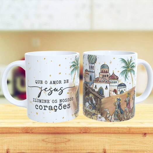 Caneca Natal - "Que O Amor De Jesus Ilumine Os Nossos Corações"