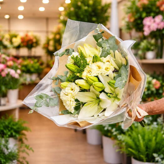 Bouquet de Lirios Brancos e Mini Rosas Brancas
