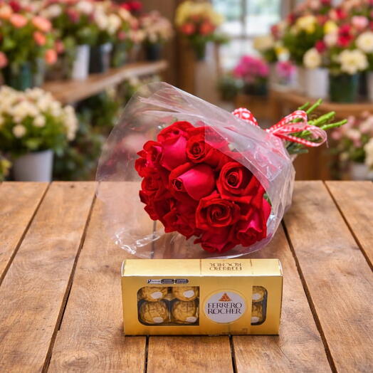 Bouquet 12 Rosas com Bombons Ferrero Rocher