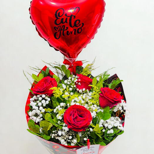 Buquê com 4 Rosas e Balão Personalizado