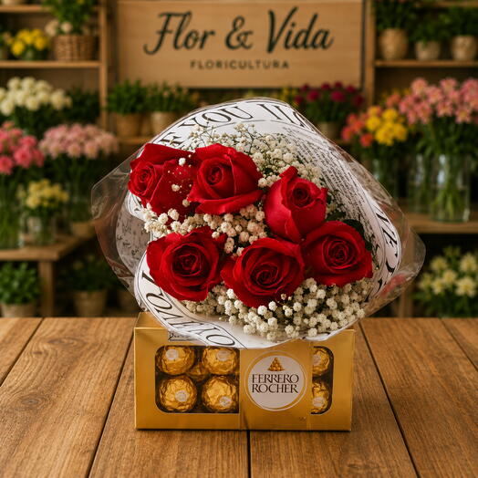 Bouquet com 6 Rosas com Ferrero Rocher