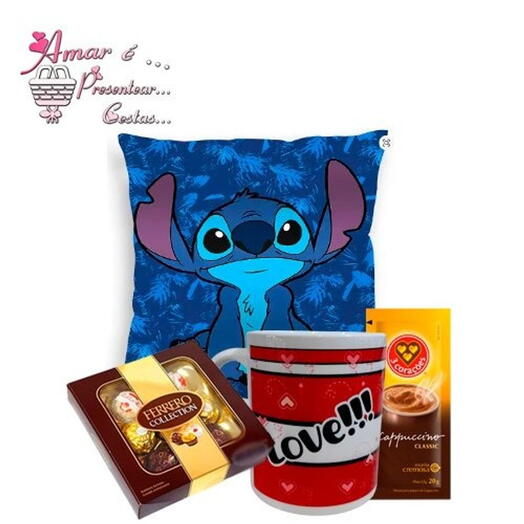 Kit Almofada Azul Stitch C/ Caneca Love e Ferrero Collection