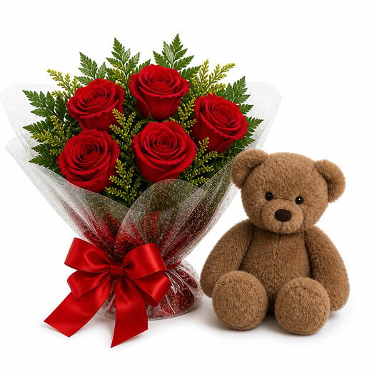 Buquê 6 rosas vermelhas com urso de pelucia