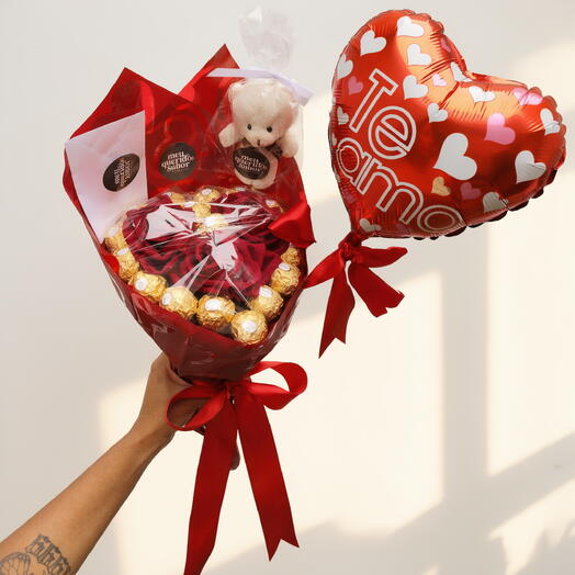 Dia das Mães - Buquê Coração com Ferrero Rocher e Rosas + kit