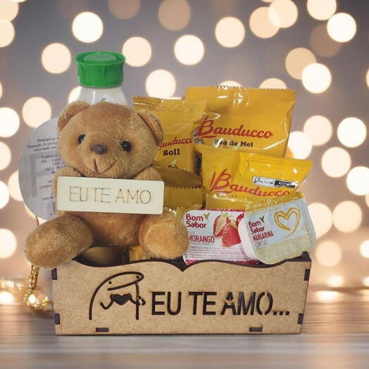 Cesta Cafe da Manhã  "Eu te Amo" Flork com Ursinho "Eu te Amo"