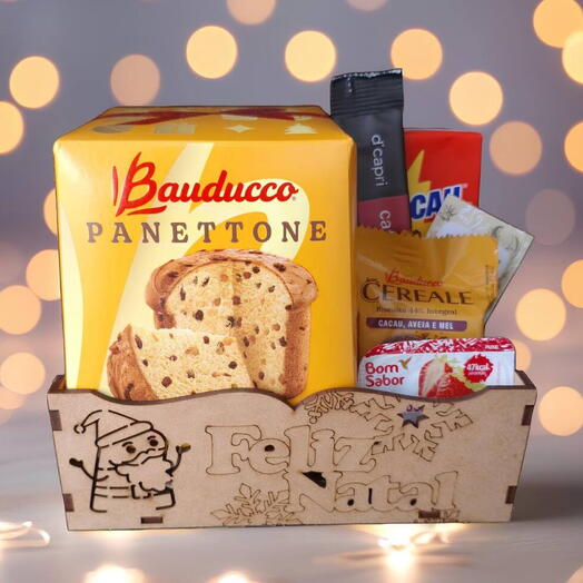 Cesta Natal "Flork Feliz Natal" com Panettone para Cafe da Manhã e Tarde