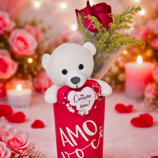 Tubo com Urso, Rosa Vermelha e Bombons Raffaello