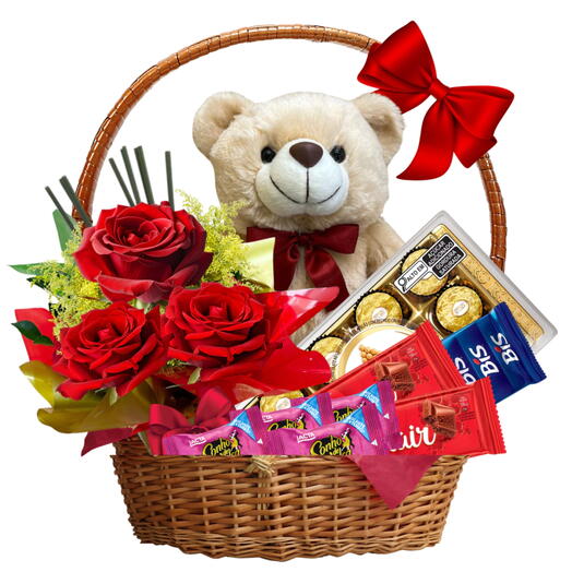 Cesta O Amor Esta no Ar, Trio de Rosas + Ursinho + Chocolates