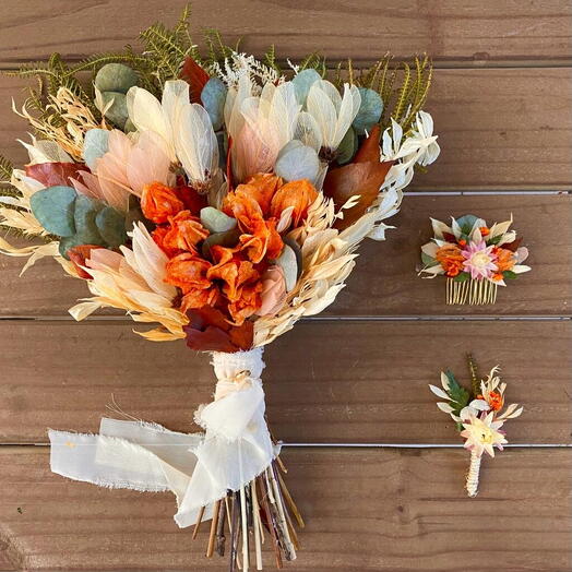 Buquê de noiva Terracota, Rosa Cha, Bege e Verde P