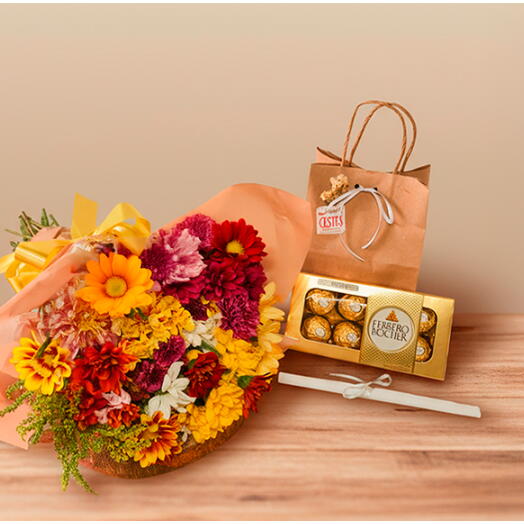 Buquê de Flores do Campo e Caixa de Ferrero Rocher