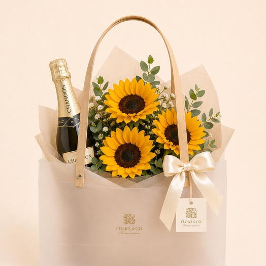 Kit Gold Sunshine com Girassol, Baby Chandon Brut e Sacola de Luxo