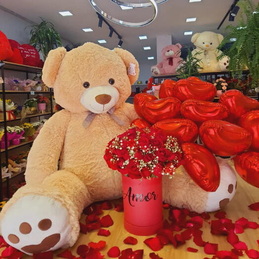 Super Kit Romântico C/ Pleucia Gigante e Box 50 rosas