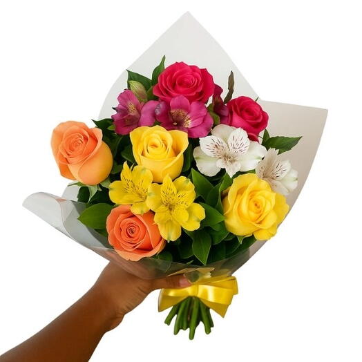 Buquê Com 6 Rosas Coloridas E Astromelias