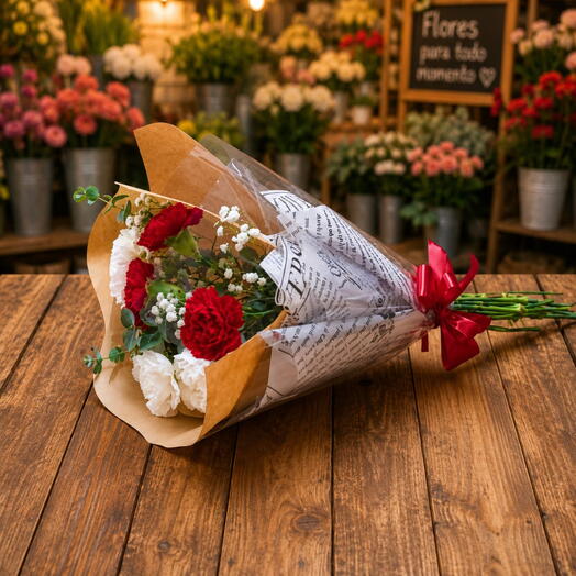 Bouquet de cravos 3 cravos vermelhos e 3 cravos branco