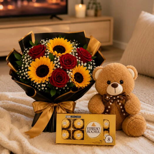 Kit Buquê Sol Entre Rosas Vermelhas + Urso Medio + Ferrero Rocher