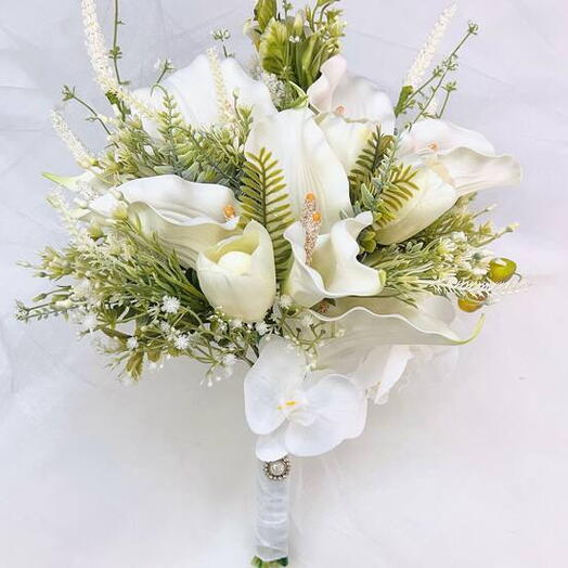 Buquê de Noiva com Copos de Leite, Tulipas e Orquidea. Artificial, luxo alto