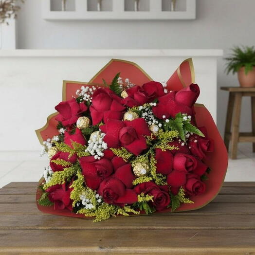 Buquê Luxo 12 rosas e Ferrero