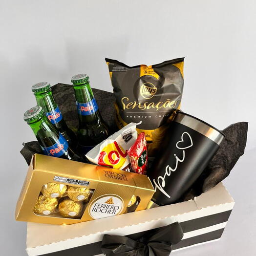 Cesta com Copo termico Chocolate Petiscos e Bebida