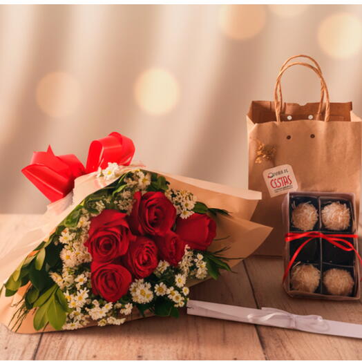 Buquê com 6 Rosas Vermelhas com Caixa de Docinhos Gourmet