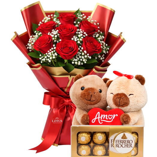 Buquê 7 Rosas (Escolha a Cor) + Ursinho Capivara e Ferrero Rocher