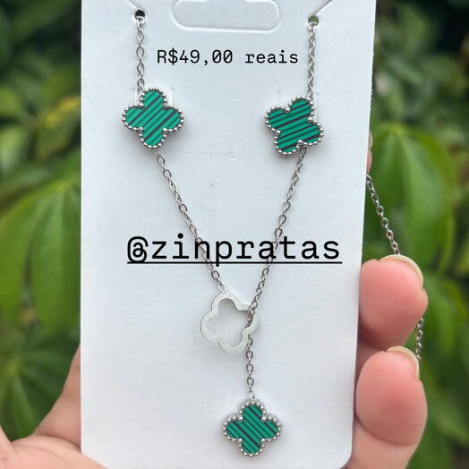 Conjunto Aço Verde Colar + Brinco