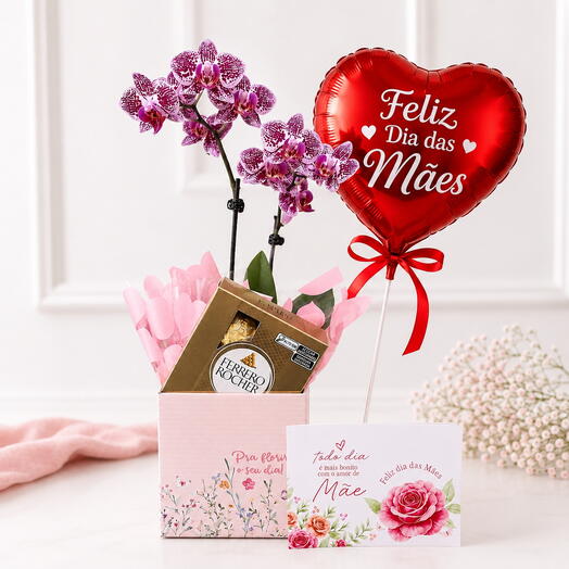 Orquidea Pink, Ferrero Rocher 50g., balão e cartão de mensagem