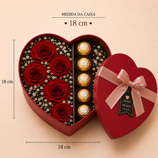 Caixa Coração com 5 Rosas e 5 Ferrero Rocher