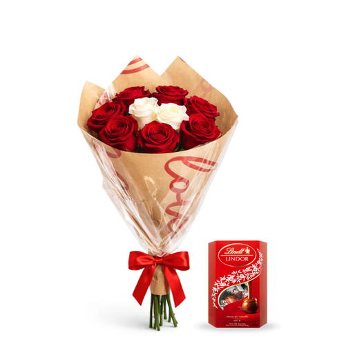 Buquê de 7 Rosas Vermelhas + 2 Rosas Brancas + Chocolate Lindt