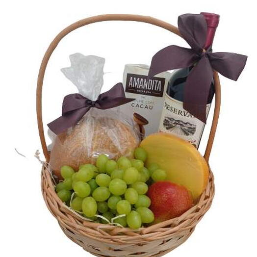 Cesta de Frutas, Pão, Queijo e Vinho Tinto