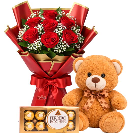Kit: Buquê de 7 Rosas (Escolha a cor) + Urso Medio + Ferrero Rocher