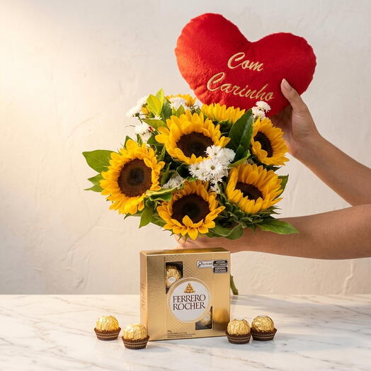 Buquê de Girassol + Coração de Pelucia e Ferrero Rocher