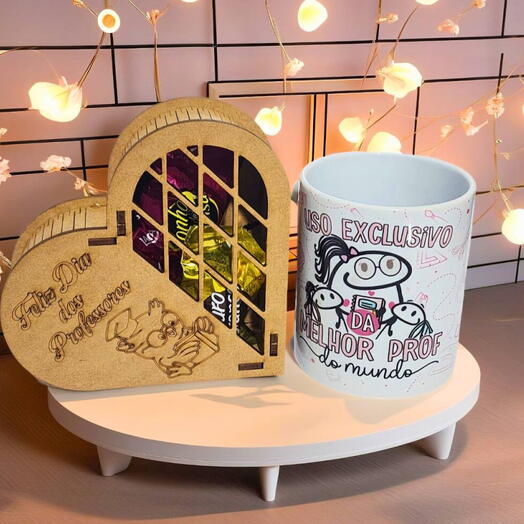 Kit Presente Professores com Caneca Uso Exclusivo e Coração Mdf "Feliz Dia Dos Professores"