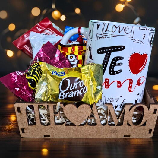 Cesta "Te Amo" com Chocolates e Caneca "Te Amo"