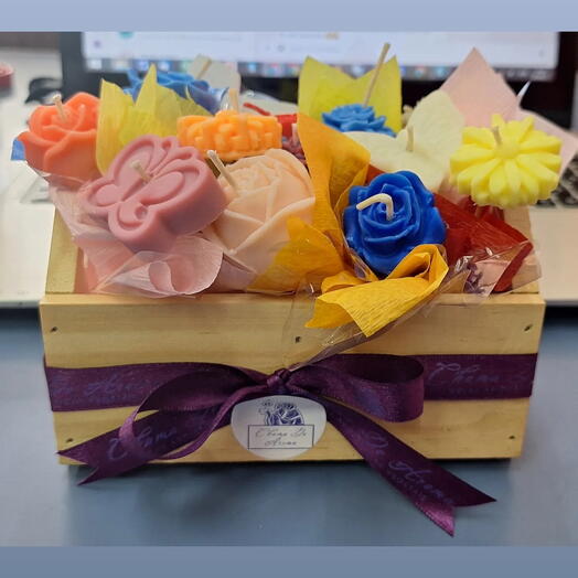 Mini Caixote de Flores Vela de Cera Aromatica Vegetal