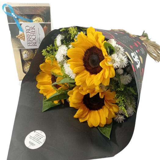 Buquê 3 Girassois e Ferrero