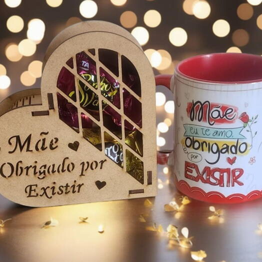 Kit Presente Para Mãe - Caneca e Coração "Mãe Obrigada por Existir"