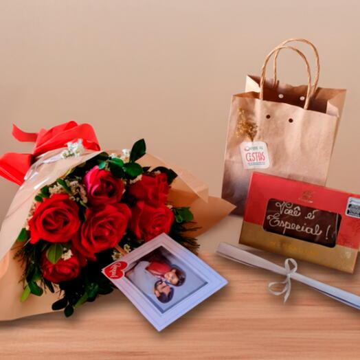 Buquê com 6 Rosas naturais personalizado e Doce Mensagem-Cia do Cacau
