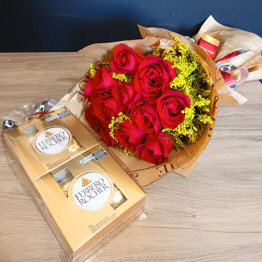 Buquê de Rosas com Ferrero Rocher - Buquê Doze Rosas e Doce paixão