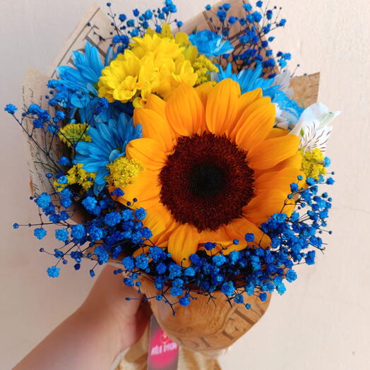 Buquê de Girassol com flor azul - Luz Celeste