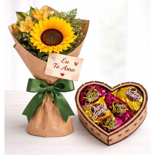 Kit de Presente Girassol e Caixa de Bombom Coração